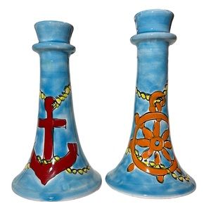 Vintage La Musa Italian Pottery Hand Painted Candle Holder - Set of Two